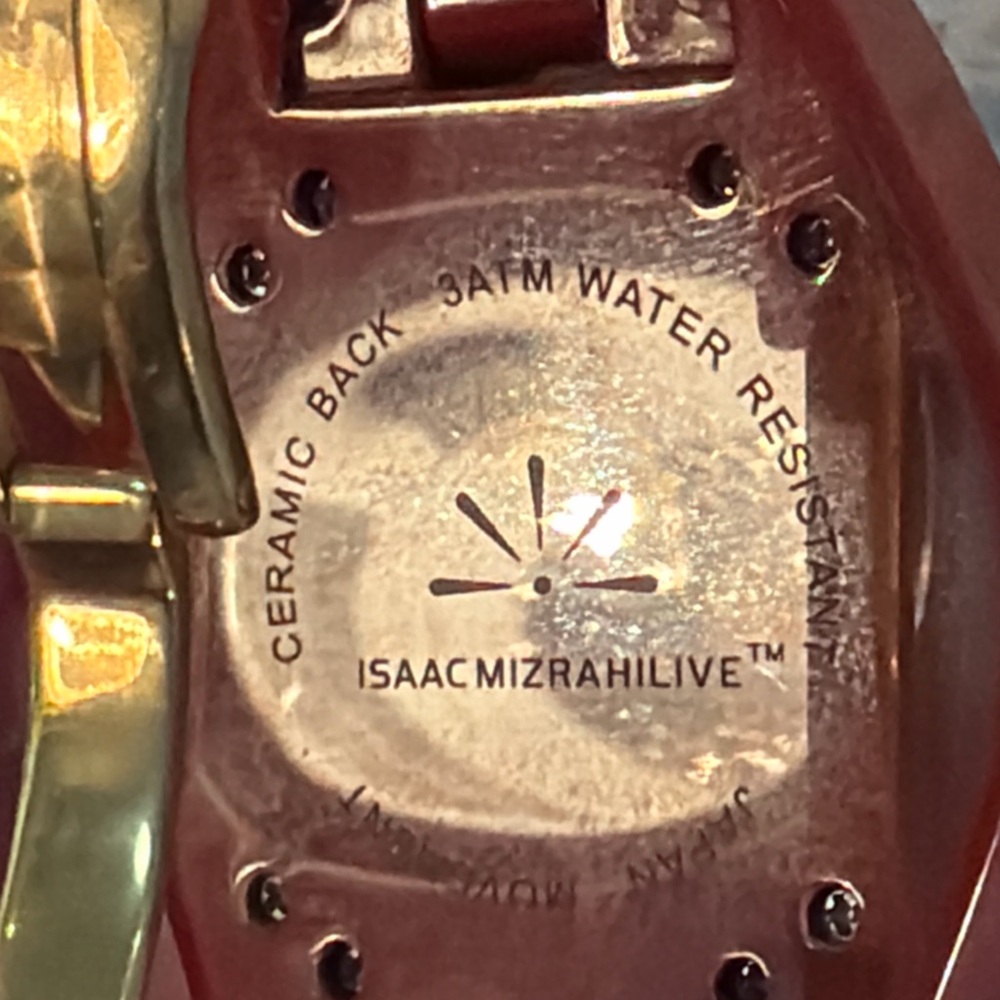 Isaac Mizrahi Live Red Ceramic Watch Gold Tone Accent Bracelet Style - Picture 2 of 6